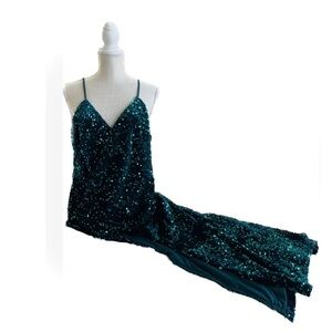 RICARICA | 1X | Emerald Teal Green Sequin Sparkle 32” Maxi Stretch Dress NWOT